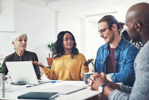 Teamwork, conversation and business people in meeting, brainstorming and planning for project. Group, employees and coworkers with idea, proposal and feedback for startup, collaboration or discussion