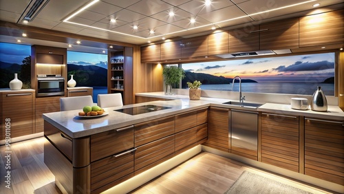 Sleek cabinetry complements high-gloss countertop, wood accents, and ambient lighting, infusing serenity and sophistication within the sailboat's interior space.