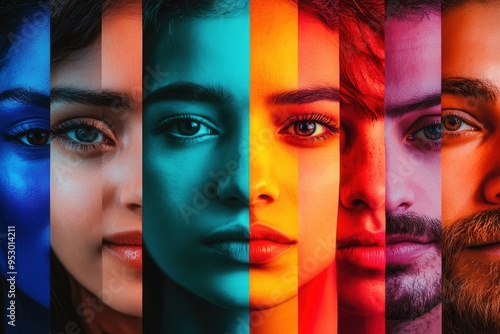 Faces of diverse individuals are visually separated by a barrier, highlighting themes of division and bias with vibrant contrasts. Generative AI