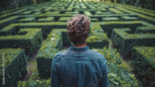 A person stands in awe while gazing at a lush greenery maze, contemplating the journey ahead in this serene outdoor setting.