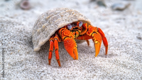 A vibrant hermit crab with a shell on sandy beach.