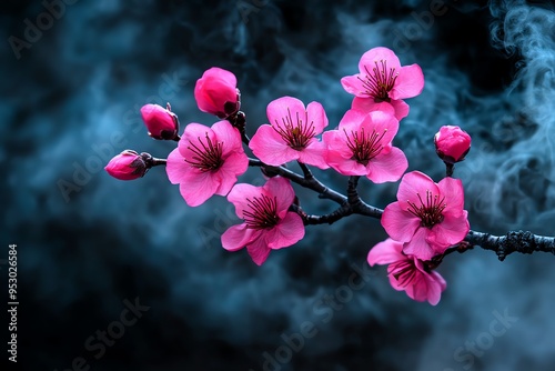 Peach blossom tree in an early morning mist, depicted in an artwork where a peach blossom tree is shrouded in early morning mist, with soft pink petals just beginning to catch the first light