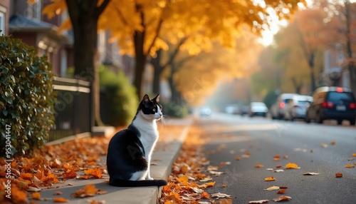 Calm Cat on Sidewalk Framed by Orange and Yellow Fall Leaves