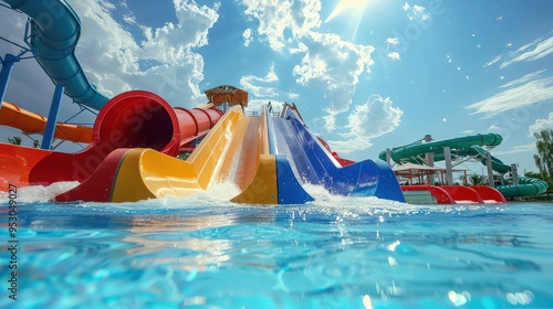 Water park water slide ending in pool with blue sky and white clouds.