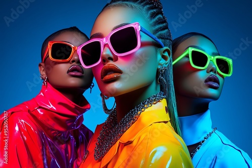 Neon color street style with bold outfits and glowing accessories, depicted in an artwork where people in an urban environment wear neon-colored street style outfits, with glowing accessories