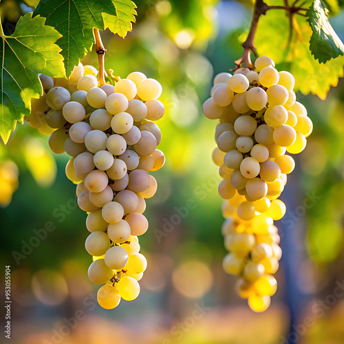 A bunch of white grapes hangs on a grapevine in a vineyard with a blurred, leafy, and twiggy background