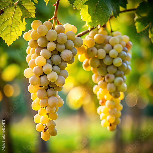 A bunch of white grapes hangs on a grapevine in a vineyard with a blurred, leafy, and twiggy background