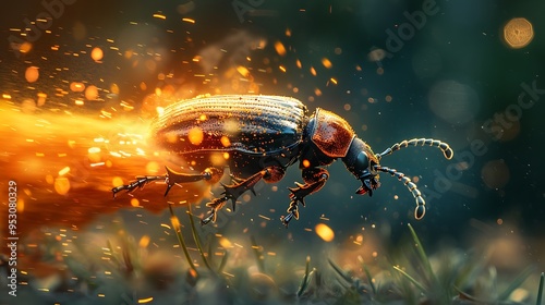 Bombardier beetle spraying hot chemicals, the defensive mechanism visualized in a scientific diagram that captures the beetle's explosive reaction 