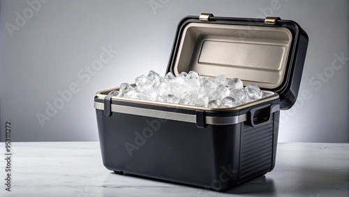 A black portable cooler filled with ice cubes, perfect for keeping your food and drinks chilled on the go