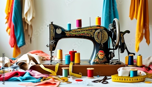 a sewing machine with many different colored spools of thread on it and a basket of scissors and thread