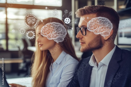 Corporate digital illustration of two businesspeople with puzzle piece brains symbolizing the problem solving and strategic thinking in professional relationships