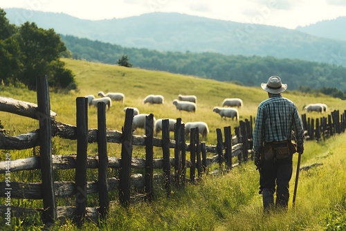 Farmer Repairing Wooden Fence Around Pastoral Landscape with Grazing Sheep