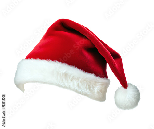 Santa Claus Christmas hat with white pompom isolated on a transparent background, Santa claus costume accessory, Festive red Christmas cap for holiday celebration, winter party wear