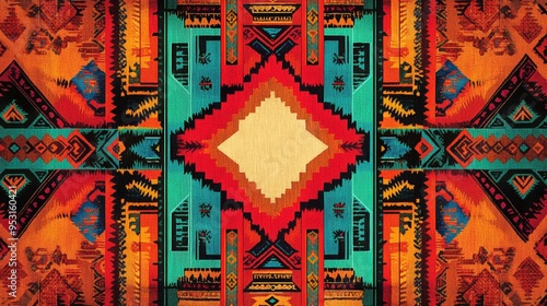 A vibrant South American wallpaper featuring a repeating pattern of intricate Andean textiles in bold colors such as red, orange, and turquoise. The design is bordered by traditional geometric