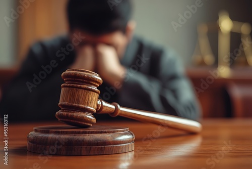 Close-up of a gavel on a table with a blurred, sorrowful defendant man in the background at a court. A wooden judge's hammer in a tribunal room.