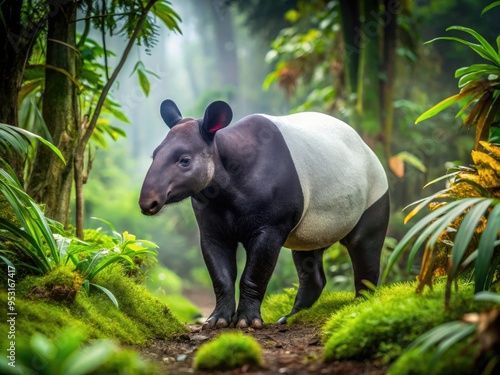 A solitary Malayan tapir with distinctive black and white markings roams freely in a lush, misty rainforest, its long snout and ears perked up in awareness.