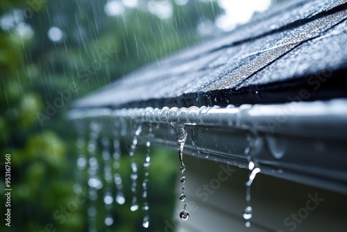 Raindrops falling from roof gutter, concept of nature and rainy weather 