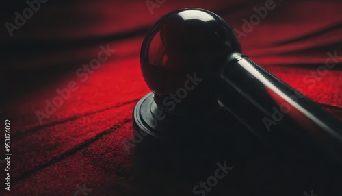 Black telephone receiver with a round body lying on a red surface, lit from the side with warm light.