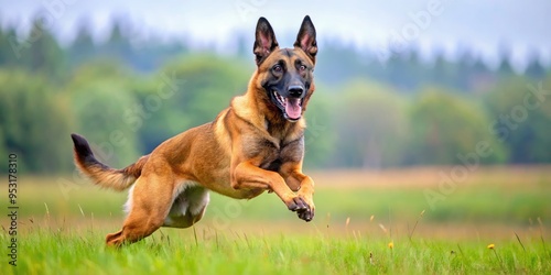 High-energy Belgian Malinois dog in action, running through a field with ears flapping and tongue out, showcasing agility, speed, and athletic instincts.