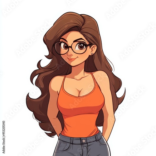 Meet a quirky aunt in her s, sporting an orange tank top and tight jeans, with a fun, cartoonish flair and big glasses