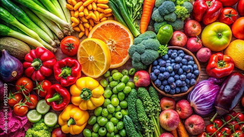 Vibrant and colorful assortment of fresh organic fruits and vegetables in rainbow colors