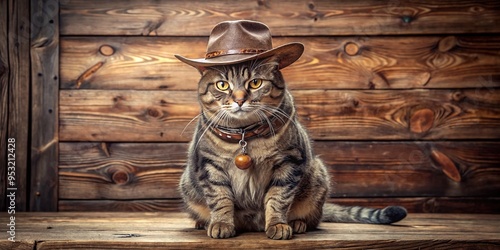 A whiskered feline dons a worn leather cowboy hat, adorned with a shimmering silver band, sitting regally on a vintage wooden background with rustic charm.