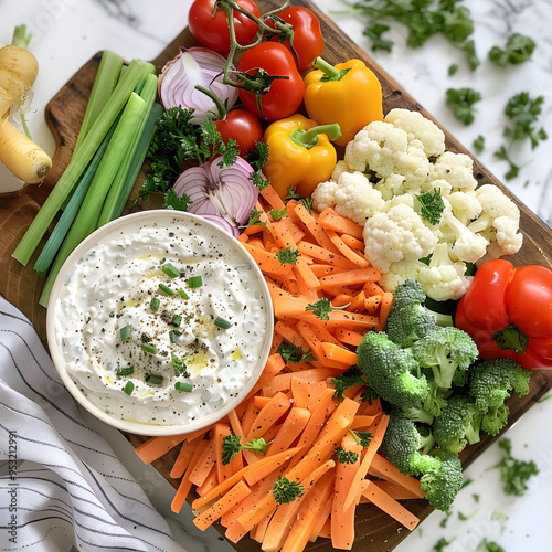 Wooden cutting board with a bowl of french onion dip surrounded by fresh cut vegetables