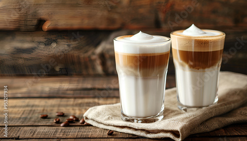 glasses of latte macchiato coffee on a wooden background