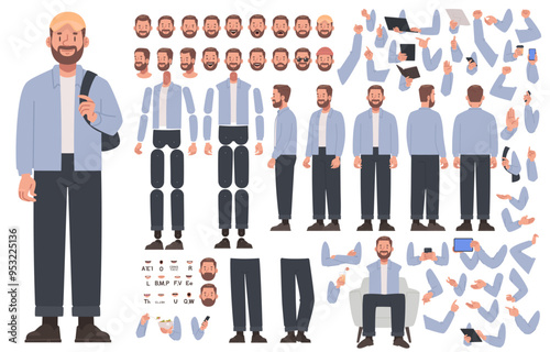 Man character constructor. Guy in casual clothes. Set of different positions of hands, legs, head for creating animation and own illustrations