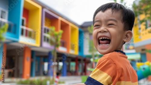 Close-up of the childâs expression of excitement and nervousness as they look towards the kindergarten building.