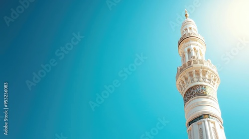 A stunning view of a mosque minaret against a clear blue sky, showcasing architectural beauty and serenity.