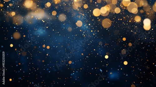 Festive celebration holiday christmas, new year, new year's eve banner template illustration - Abstract gold bokeh lights on dark blue background texture, de-focused