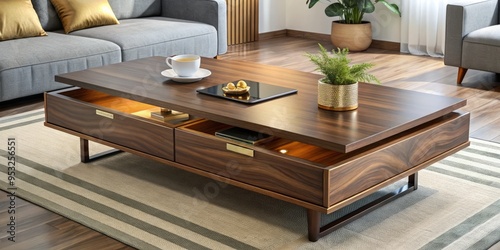 Luminous Minimalist Living Room Coffee Table with Hidden Wireless Charging and Storage Compartments in Rich Walnut Wood and Soft Gold Accents