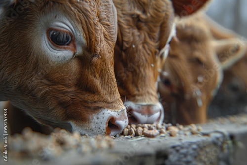 Two cows munching on food in a close-up shot