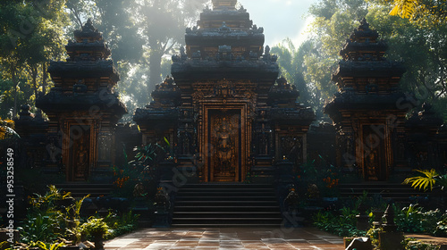 Ancient temple with ornate doorway and steps surrounded by lush tropical foliage.