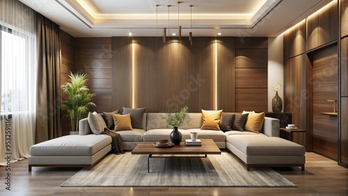 Luxurious minimalist interior featuring wenge wood accents modern sofa sleek lines warm ambient lighting creamy beige walls clean minimalist decor