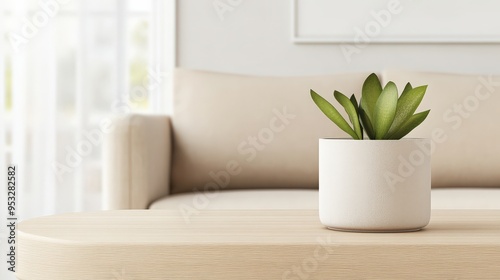 A serene indoor scene featuring a succulent in a modern pot on a wooden table near a cozy sofa, perfect for home decor inspiration.