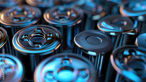 Close-up of a group of shiny metal cylindrical objects with a soft blue light reflecting on them.