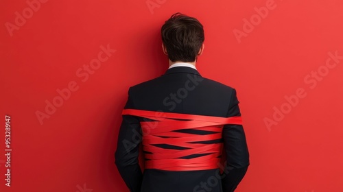 Back view of businessman in suit entangled in red tape symbolizing bureaucratic restrictions.