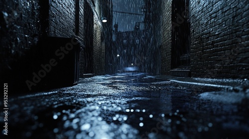 The image depicts a dark, narrow alleyway at night, illuminated by sparse, dim lighting. The alley is flanked by brick walls on both sides, which are wet from the persistent rainfall. The wet ground r