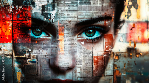 Woman face emerging from newspaper clippings collage