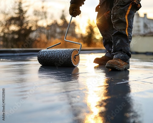 A worker using a roller brush to apply a smooth layer of waterproof coating on a flat rooftop