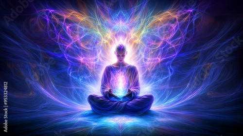 Mystical Energy Meditation. Person Sitting in Vibrant Neon Aura with Sacred Light and Energy Patterns