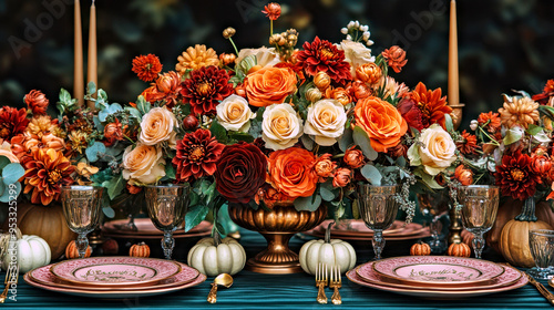 A fall wedding table setting with flowers, pumpkins, and gourds, plates and wine glasses.