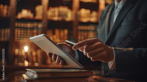 An attorney with a business-like demeanor, using a digital tablet to annotate digital contract documents