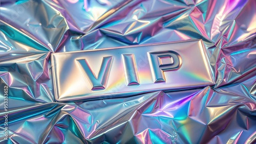 Metallic VIP Sign on Holographic Crinkled Surface Reflecting Rainbow Colors