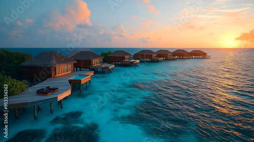 Overwater bungalows with private pools at sunset.