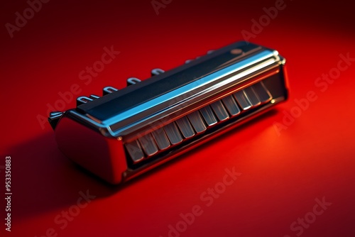 Shiny Silver Harmonica on Red Background