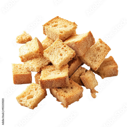 Delicious broken bread rusks are piled with enticing crumbs on a pristine PNG surface, perfect for various recipes, broken bread rusks with crumbs on transparent background