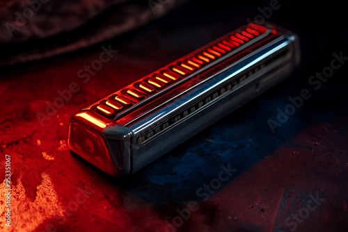 Close-up of a Silver Harmonica with Red Illumination